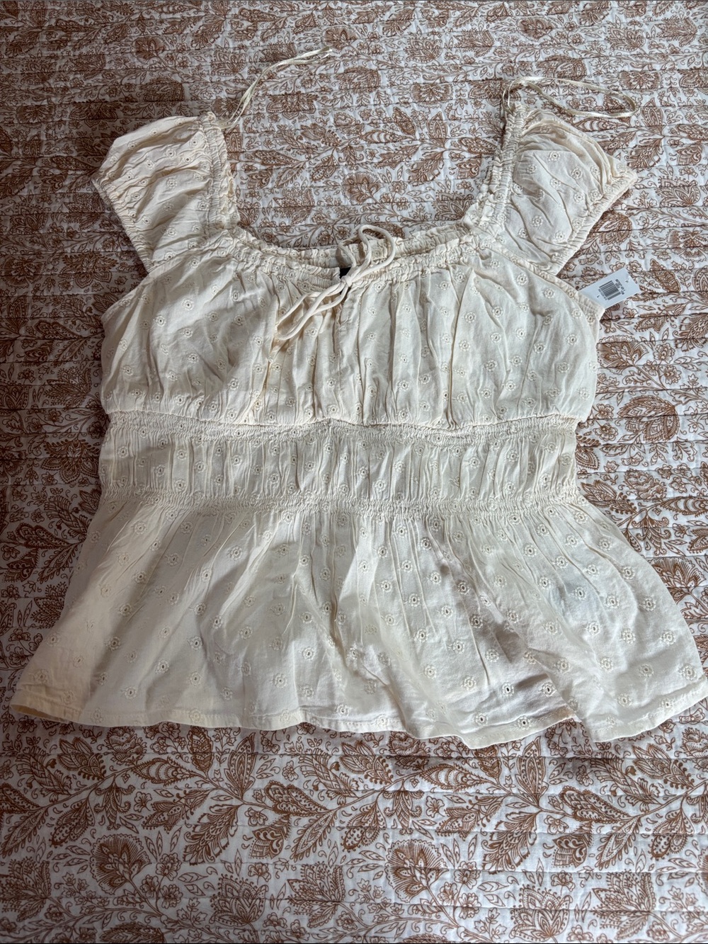 Old Navy Cream Eyelet Smocked Peplum Blouse